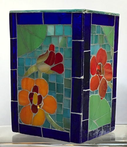 Nasturtium Vase; 6" x 4" x 3"; stained glass on glass; $95